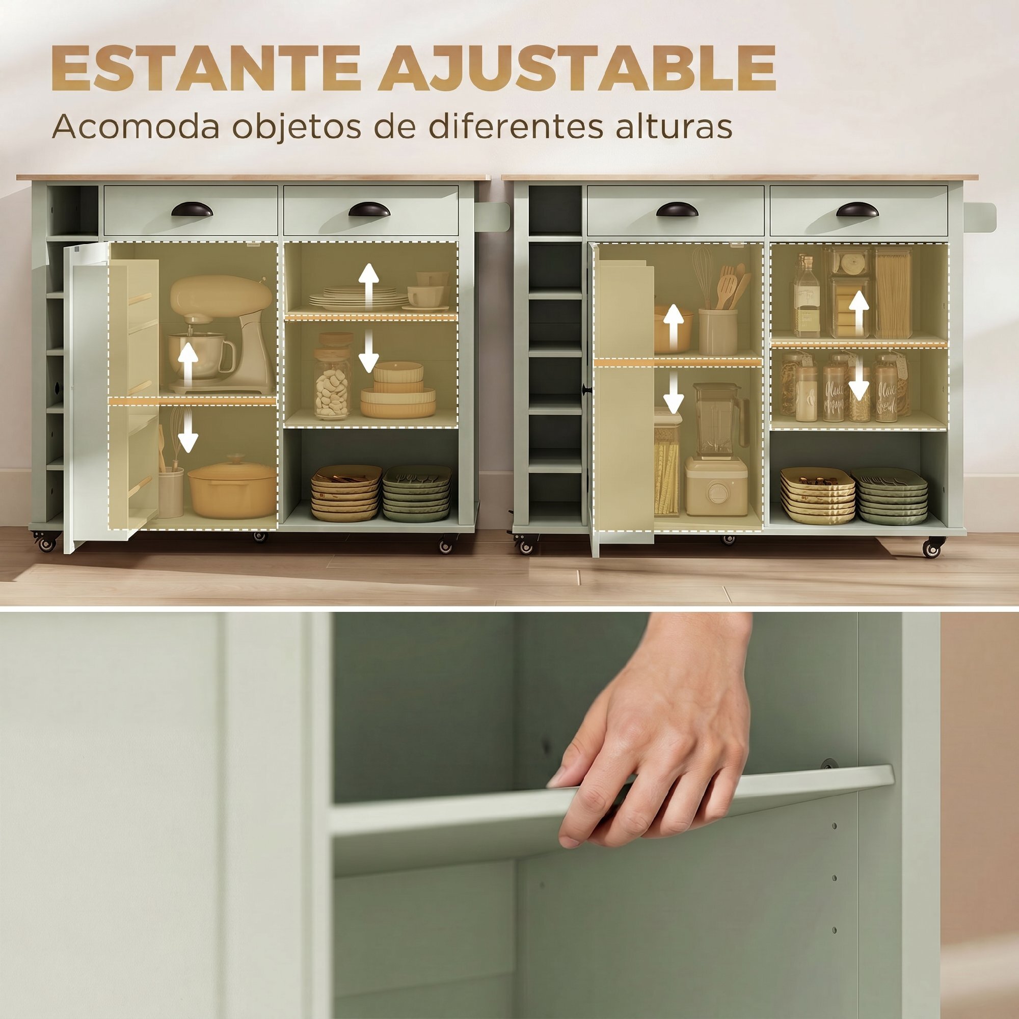 Isla de Cocina con Tablero Plegable y Ruedas, Mueble Auxiliar de Cocina con Especiero, Toallero, Armario, 2 Cajones, Estantes Abiertos, 117,5x70x91 cm, Verde Claro