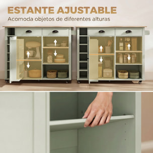 Isla de Cocina con Tablero Plegable y Ruedas, Mueble Auxiliar de Cocina con Especiero, Toallero, Armario, 2 Cajones, Estantes Abiertos, 117,5x70x91 cm, Verde Claro
