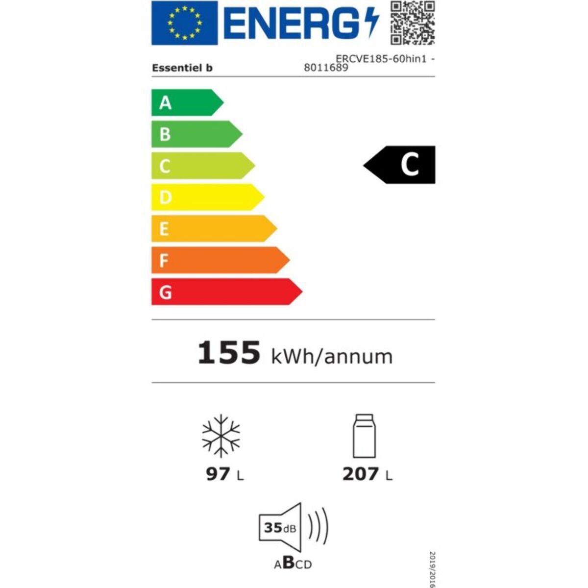 Réfrigérateur combiné ESSENTIELB ERCVE185-60hin1