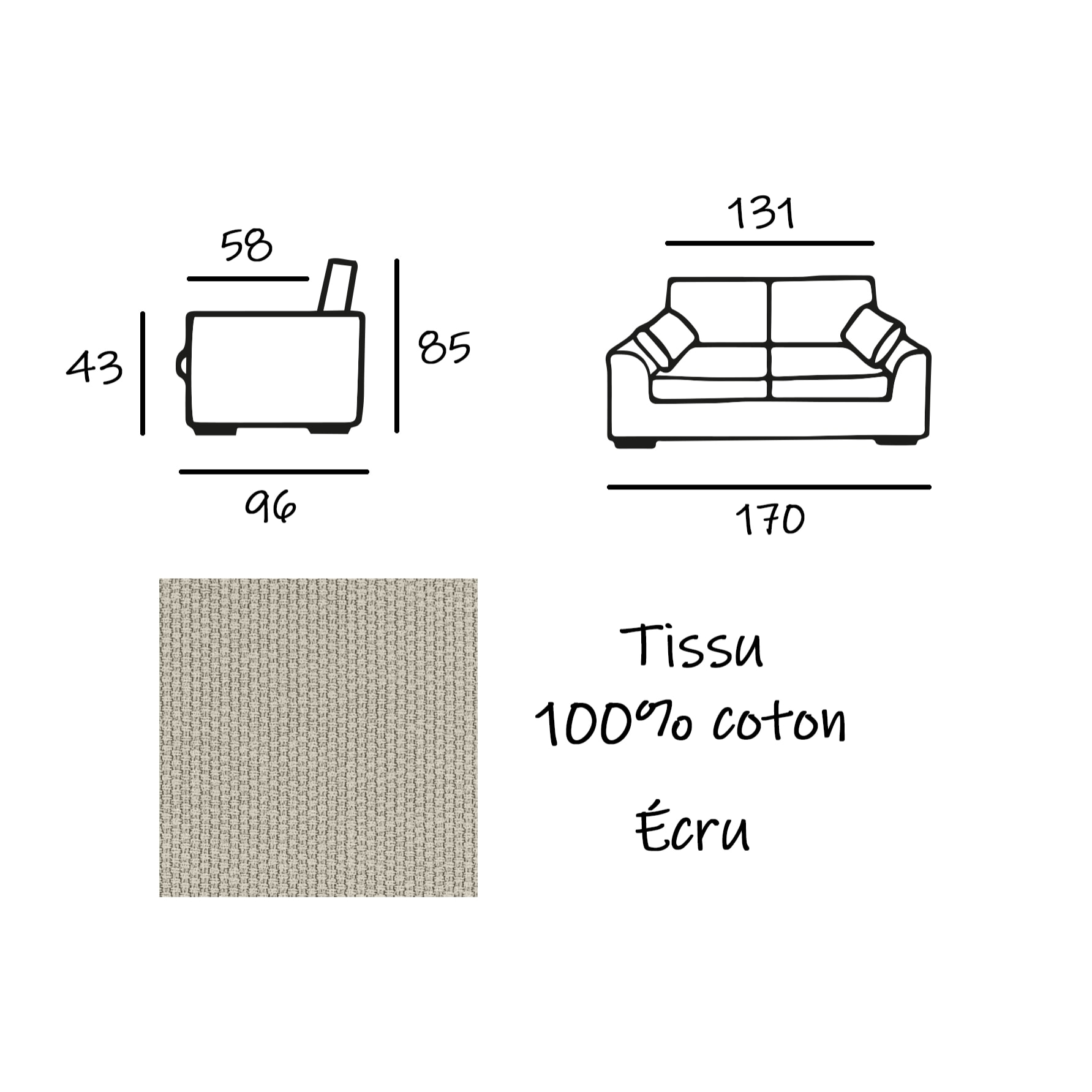 Canapé 2 pl TRESSIN 170 cm fixe tissu coton Écru - 100% déhoussable - Fab. France