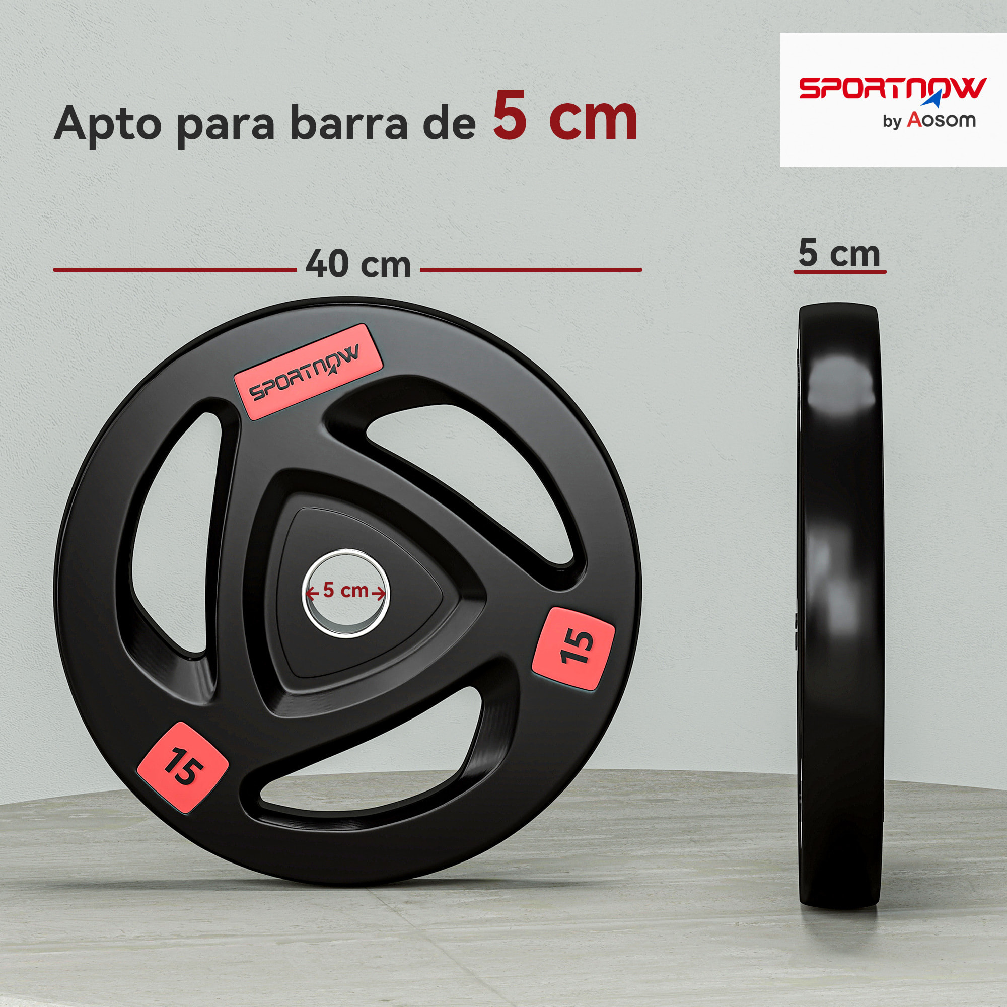 Discos Pesas Olímpicos 15 kg, Agujero Ø50 mm, de Hierro Fundido, Recubierta de Goma, 2 Placas de Pesas con Triple Agarre, para Mancuernas y Barras, Entrenamiento en Casa, Gimnasio, Negro