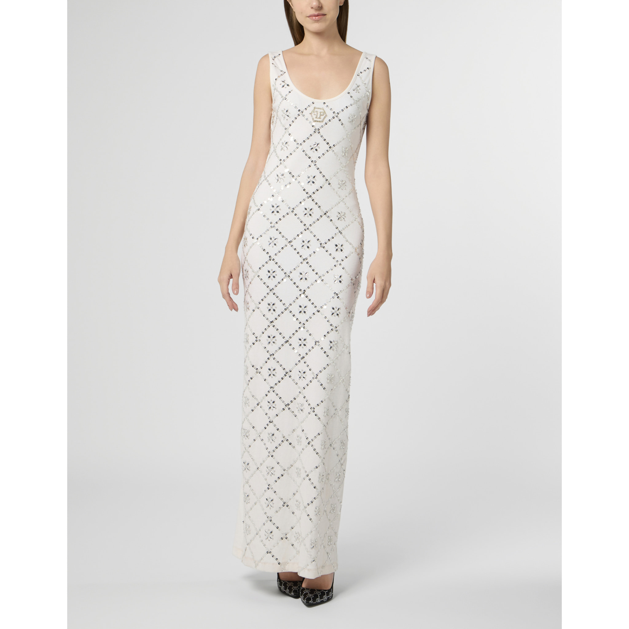 PHILIPP PLEIN Long Tank Dress Rhomb Flowers Strass