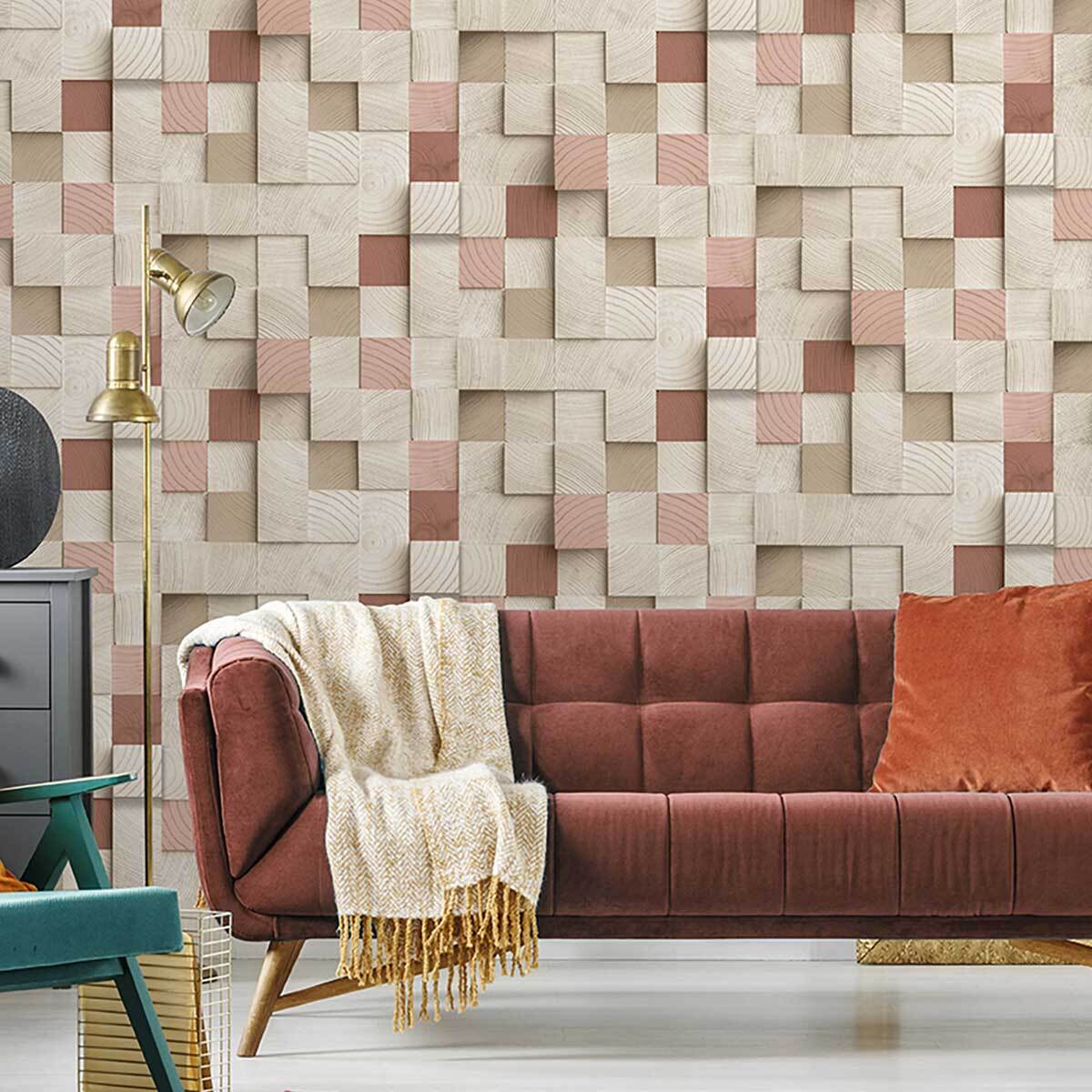 Papier peint bois mosaïque et touches rose poudré