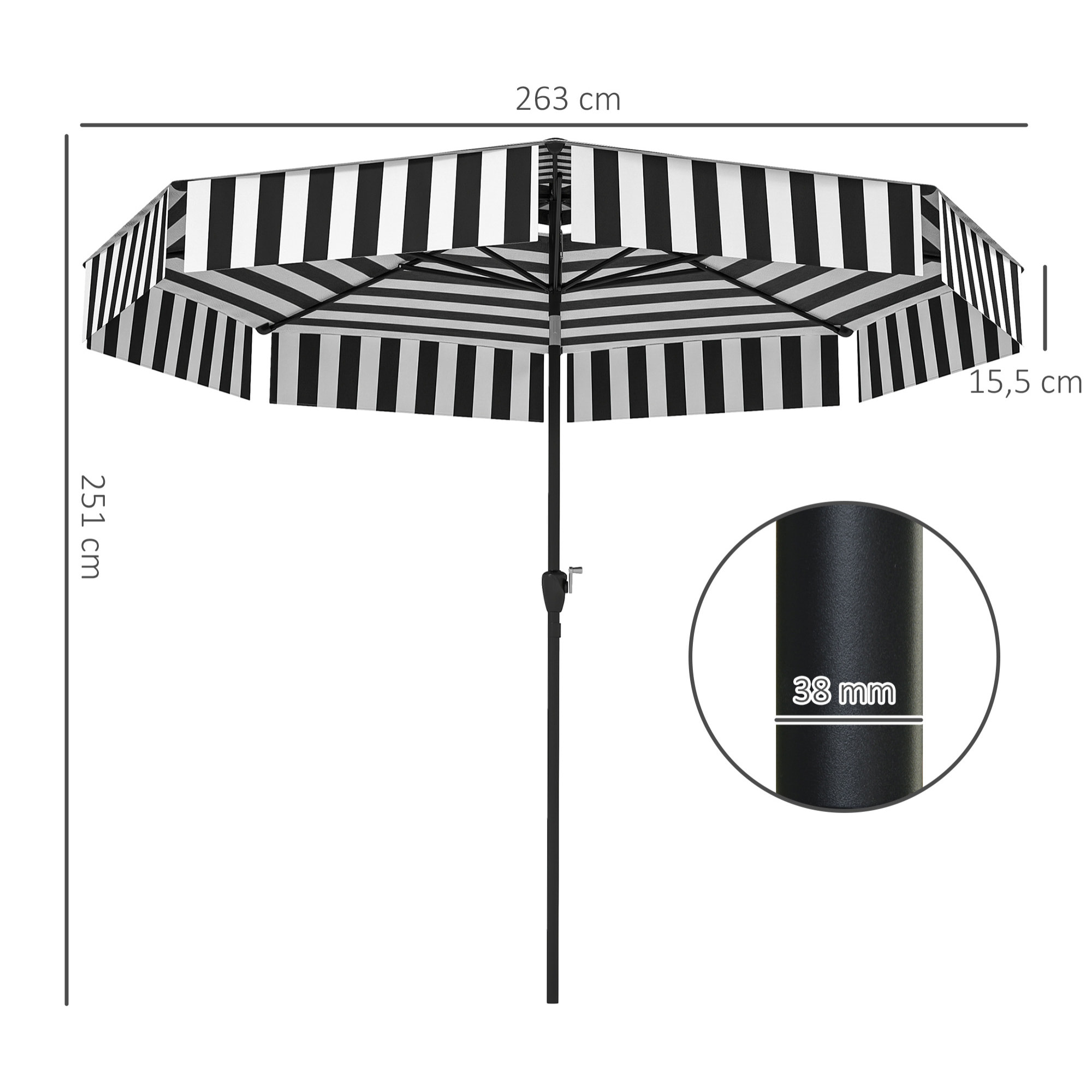 Sombrilla Terraza Exterior Ø263 cm Sombrilla de Jardín con Ángulo Ajustable y Manivela Protección UV30+ Parasol para Patio Terraza Negro y Blanco