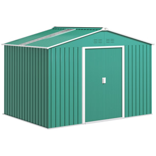 Caseta de Jardín Exterior 4,9 m² 277x195x192 cm Cobertizo de Jardín Exterior con Puerta Corredera Techo de Fibra de Vidrio Base Refuerzo (Suelo NO Incluido) y 4 Ventanas Verde