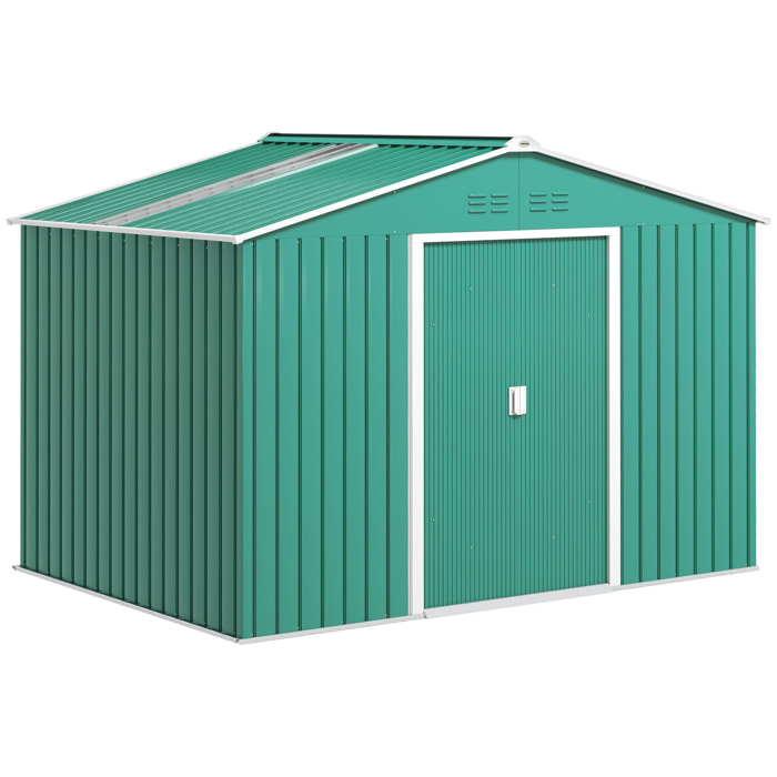 Caseta de Jardín Exterior 4,9 m² 277x195x192 cm Cobertizo de Jardín Exterior con Puerta Corredera Techo de Fibra de Vidrio Base Refuerzo (Suelo NO Incluido) y 4 Ventanas Verde