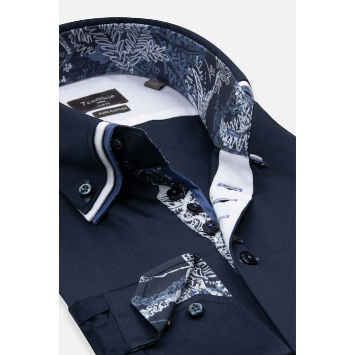 Camicia Uomo 2 Bottoni Button Down Triplo Collo Slim Satin Unito Blu