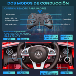 Coche Eléctrico para Niños de +3 Años, Mercedes SLC 300, Coche Eléctrico 12V, con Mando a Distancia 2,4 G, Ruedas Traseras con Suspensión, Faros LED, Música, USB, Motor Doble, Rojo