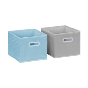 Meuble de rangement pour enfant avec 7 compartiments et 2 paniers bleus et 2 paniers gris en velours