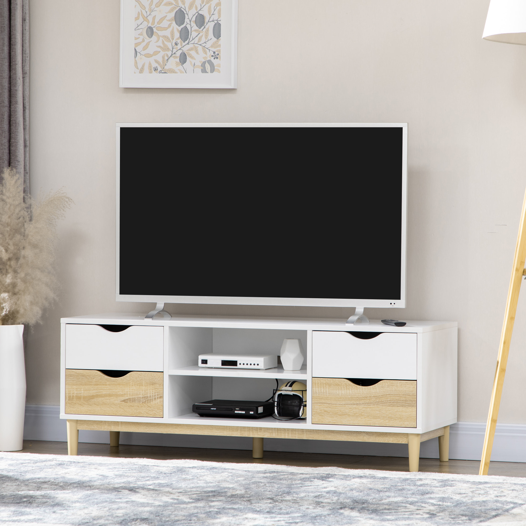 Mueble TV de Salón Mesa para TV para Televisores de hasta 55" con Estantes de Almacenamiento y 4 Cajones para Dormitorio 120x40x44,5 cm Blanco y Roble