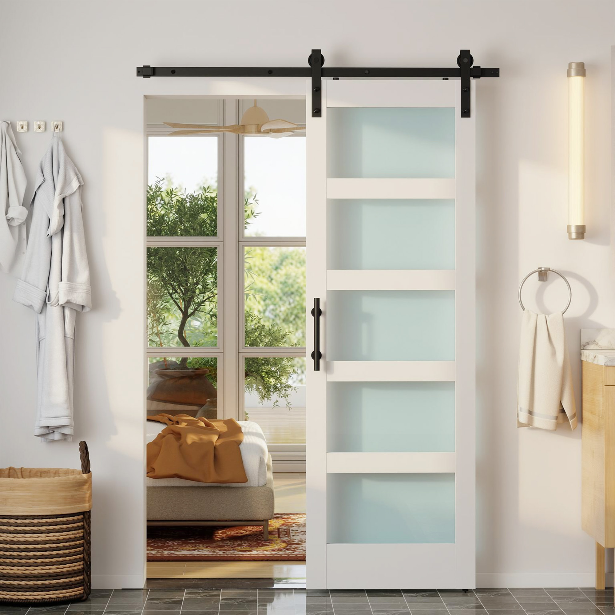 Puerta Corredera con Herrajes 71x213 cm, Puerta Corredera Interior de MDF y Vidrio Esmerilado con Rodillo, Riel, Guía de Suelo, para Baño, Salón, Sala de Estar, Blanco