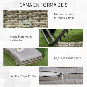 Tumbona de Ratán Reclinable Tumbona de Jardín en Forma de S con 2 Ruedas Respaldo Ajustable en 5 Posiciones y Cojín Extraíble para Patio Terraza 207x70x70 cm Gris Claro