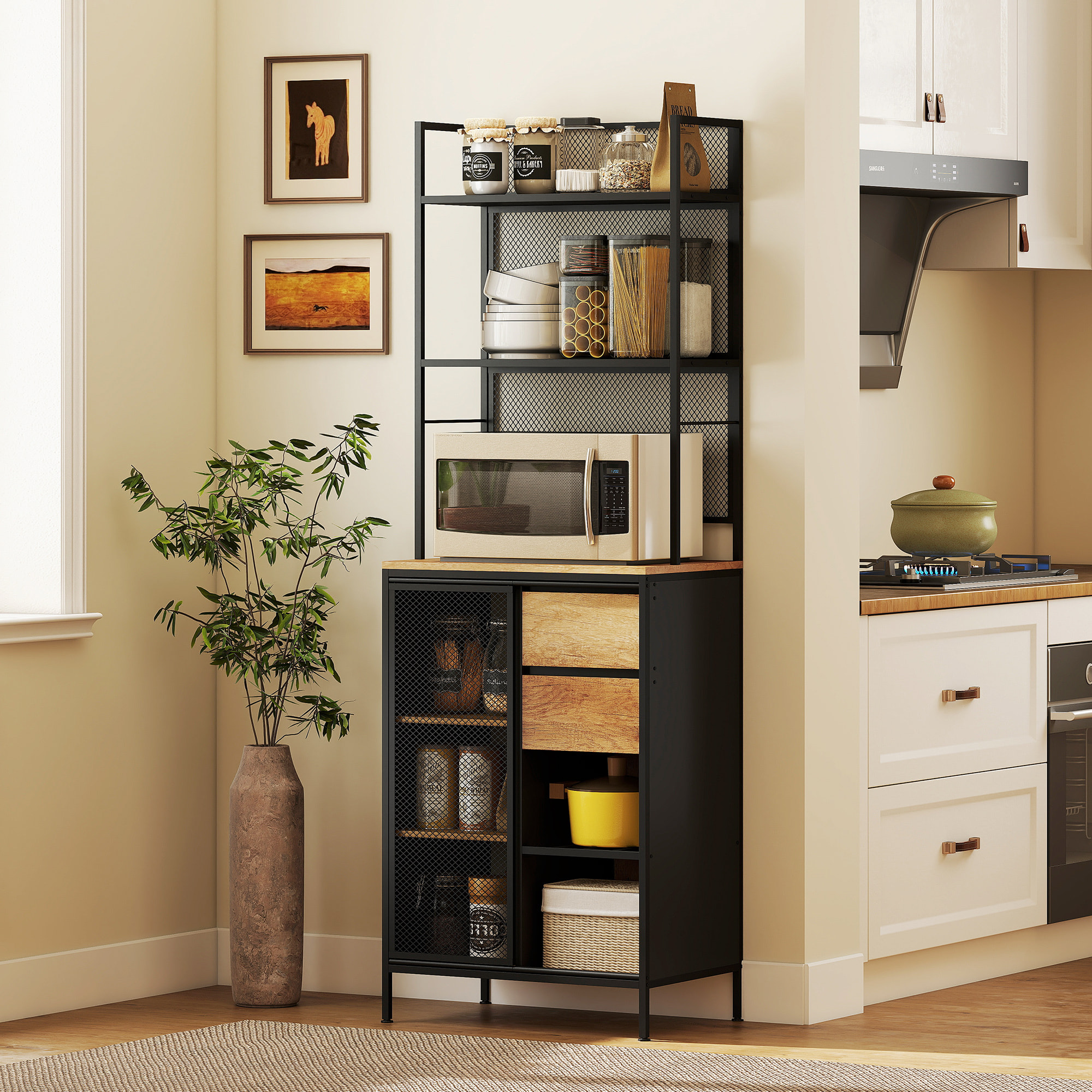 Buffet haut cuisine, armoire de cuisine avec plan de travail, porte coulissante en maille, tiroirs et étagères ouvertes, meuble de rangement industriel, 60x40x180cm, bois naturel et noir