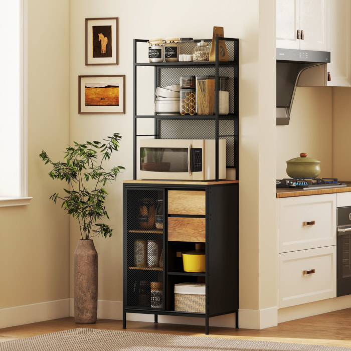 Buffet haut cuisine, armoire de cuisine avec plan de travail, porte coulissante en maille, tiroirs et étagères ouvertes, meuble de rangement industriel, 60x40x180cm, bois naturel et noir