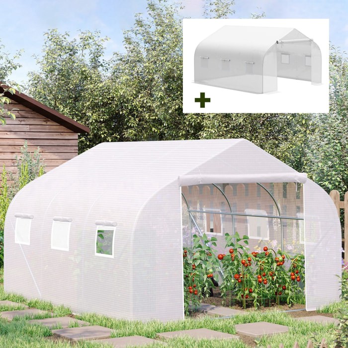 Conjunto de Invernadero de Túnel y Cubierta de Repuesto con Puerta y 6 Ventanas Enrollables Anti-UV para Cultivos Plantas Flores 3,5x3x2 m Blanco