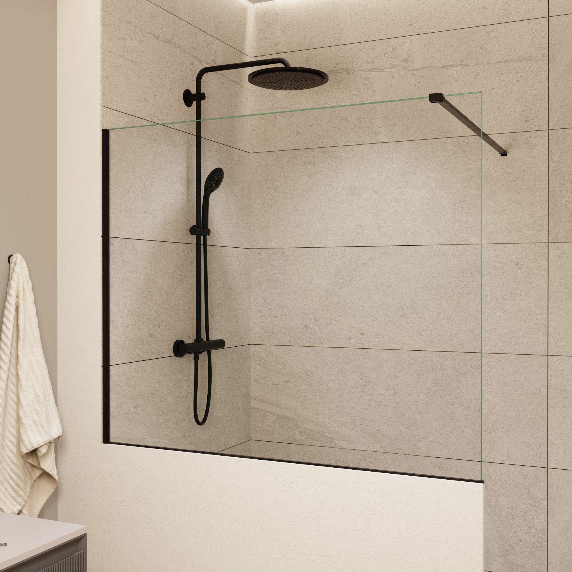 Pare-muret 120x100cm Paroi en verre Crystal Glass® 8 mm anticalcaire, avec bras et profilés noir mat (SATBWIS120PRC)
