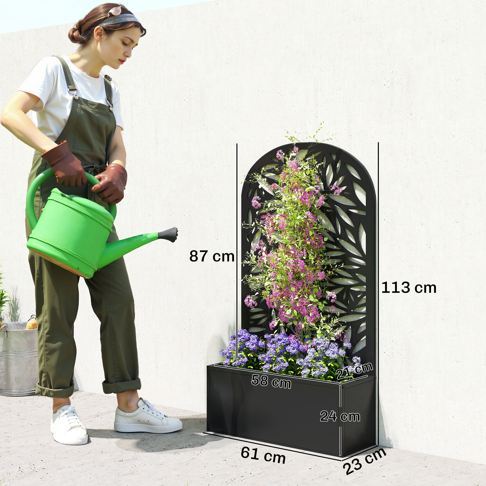 Jardinera Exterior Grande de Metal, Jardinera con Pantalla de Privacidad Curva de Hojas Decorativas, Macetero de Pared o Independiente para Plantas Trepadoras, Patio, 61x23x113 cm, Negro
