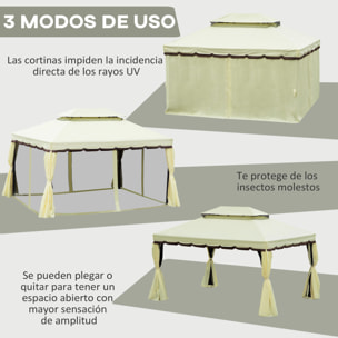 Cenador de Jardín de Aluminio 4x3 m Gazebo Pabellón con Techo de Ventilación 4 Cortinas Laterales 4 Mosquiteras y 8 Orificios de Drenaje para Fiestas Eventos Bodas Crema