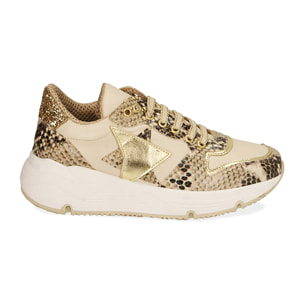 Sneakers beige in pelle stampa vipera, zeppa 4 cm