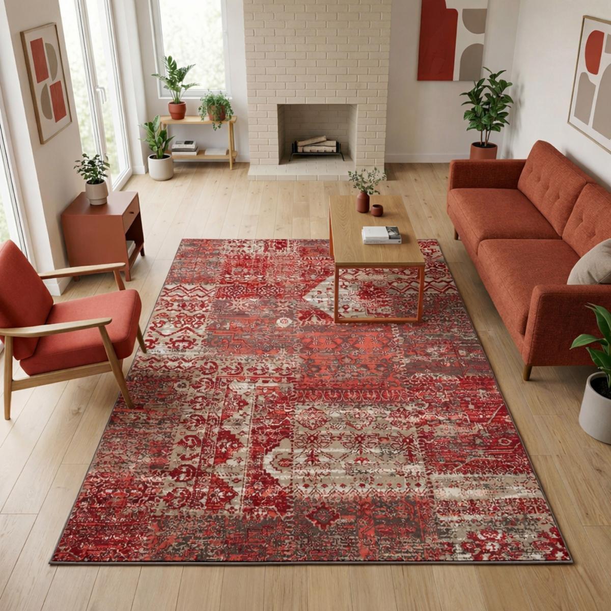 Tapis Ladi aux motifs patchwork rouge et beige