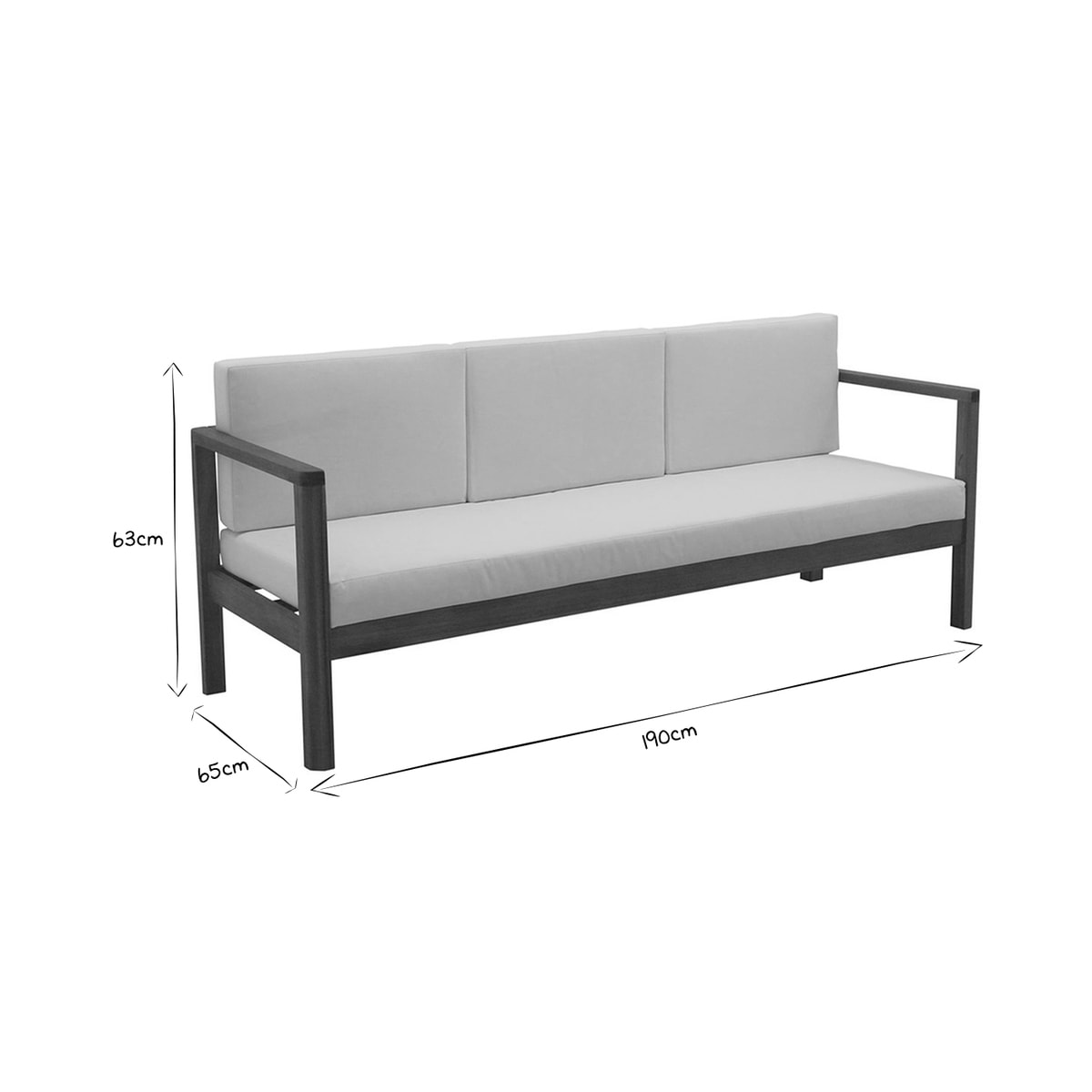 Canapé de jardin 3 places en bois massif et coussins déhoussables taupe L190 cm AKIS
