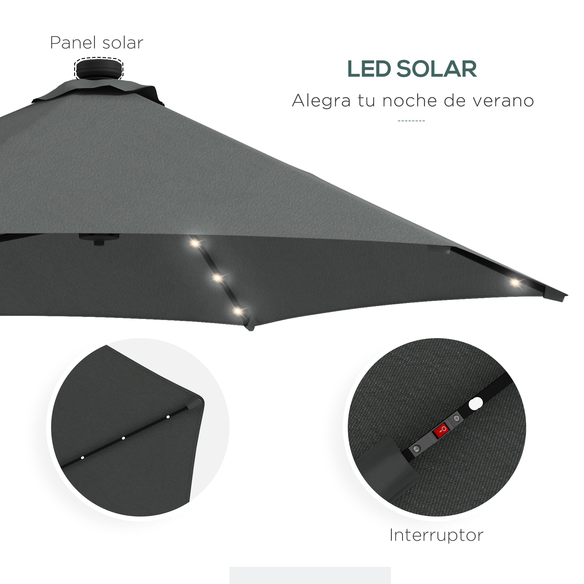 Sombrilla Voladiza de 3 m con Luces LED Sombrilla de Jardín con Manivela y Base Cruzada Parasol Excéntrico para Exterior Patio Terraza Gris Oscuro