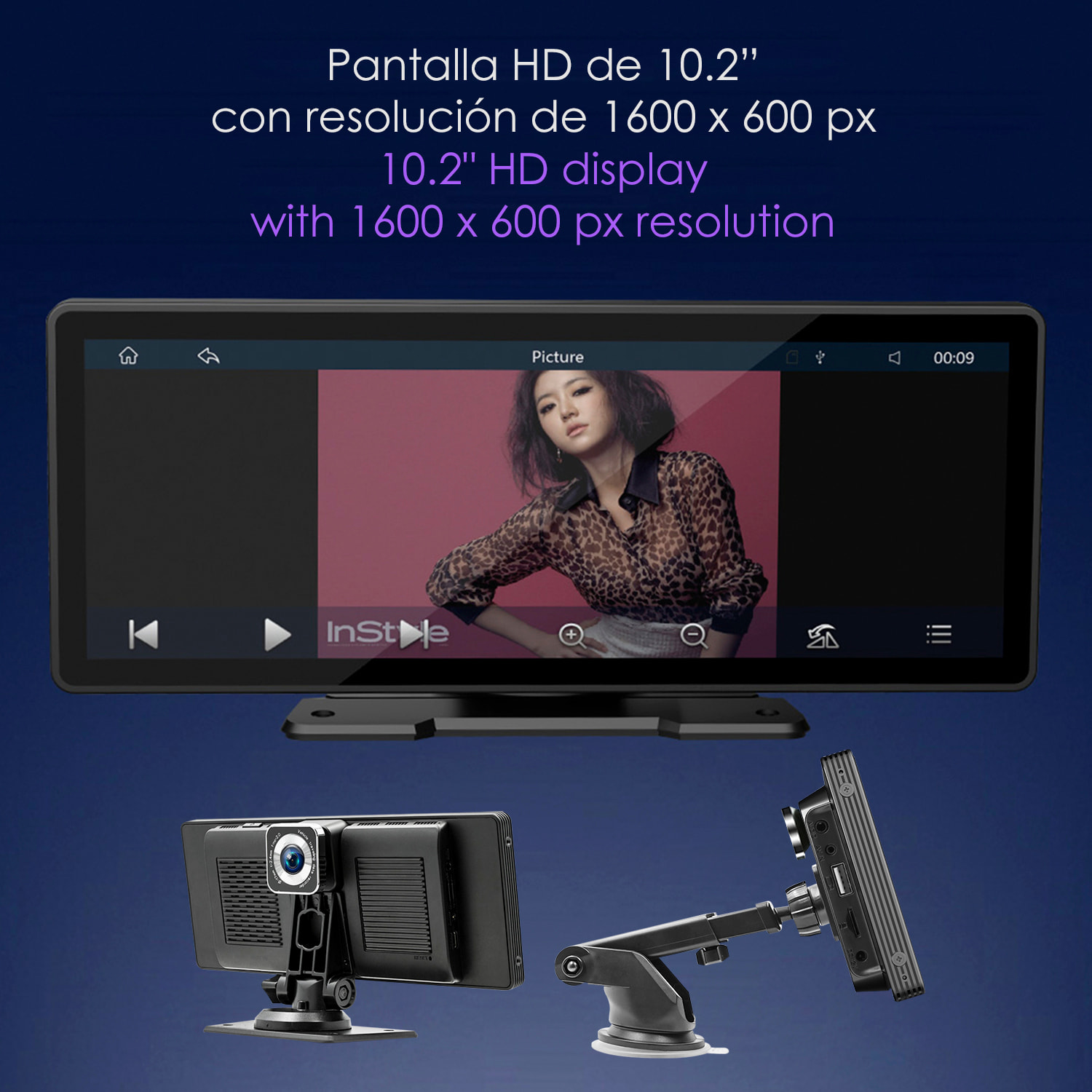 DAM Pantalla táctil B5303R para coche 10,2" HD. Android Auto/Car Play inalámbrico. Bluetooth MP5 con Mirror Link, dashcam frontal + trasera 12 LED. 24,45x2,5x9,8 Cm. Color: Negro