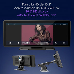 DAM Pantalla táctil B5303R para coche 10,2" HD. Android Auto/Car Play inalámbrico. Bluetooth MP5 con Mirror Link, dashcam frontal + trasera 12 LED. 24,45x2,5x9,8 Cm. Color: Negro