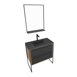 Meuble de salle de bain 80x50cm chene brun - 2 tiroirs noir mat - vasque resine noire effet pierre