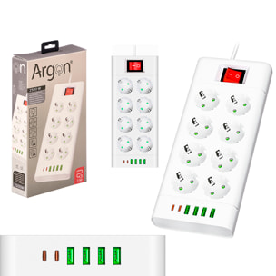 Multipresa multifunzione con interruttore e 2500W. Con 8 prese EU, 4 porte USB e 2 porte USB C.