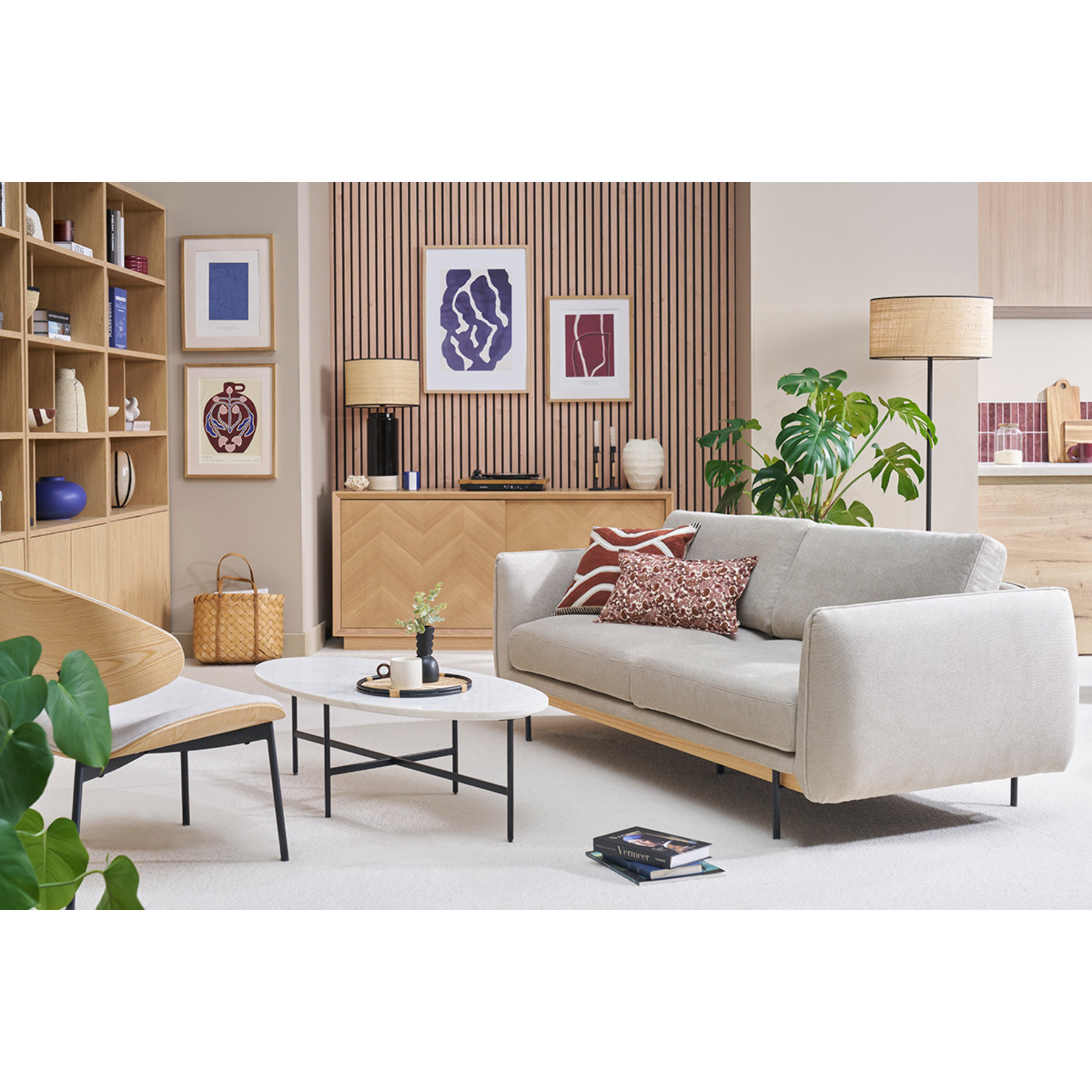 Canapé design 3 places en tissu chenille beige et métal noir TODD