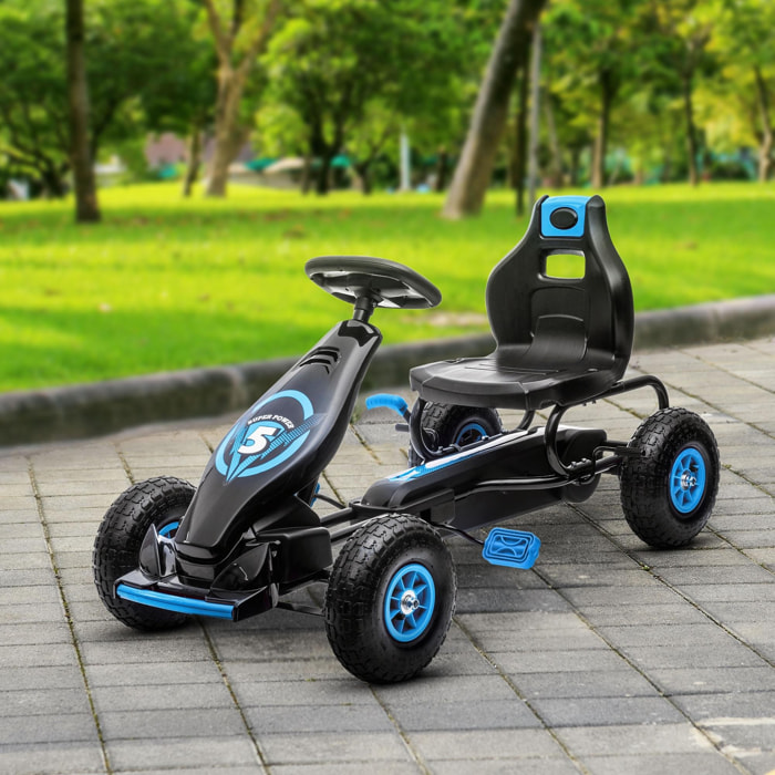 Kart à pédales enfant Go kart Formule 1 Racing Super Power 5 aileron avant pneus gonflables caoutchouc noir bleu