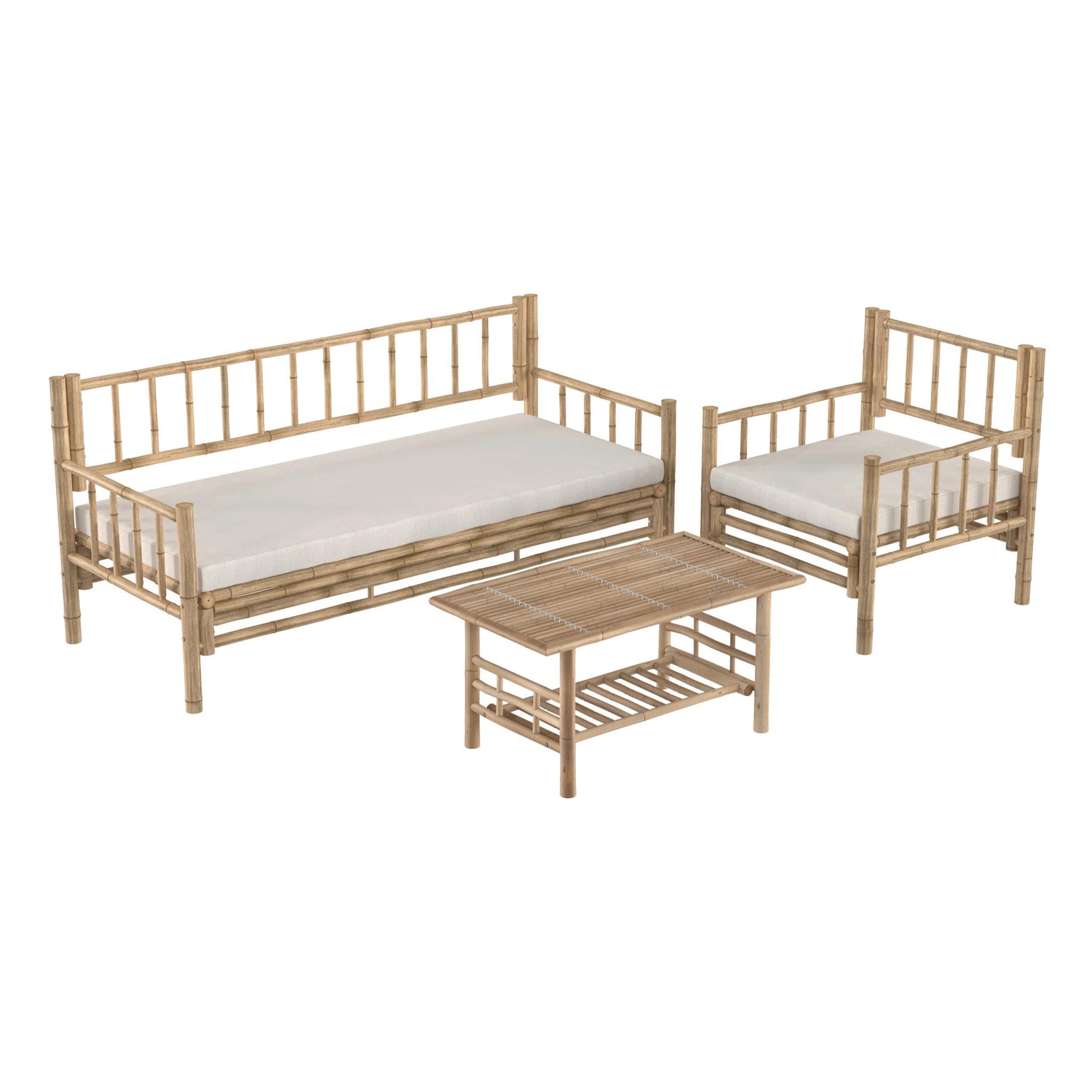 Salon de jardin en bambou avec canapé, fauteuil et table basse - Vadella