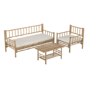 Salon de jardin en bambou avec canapé, fauteuil et table basse - Vadella