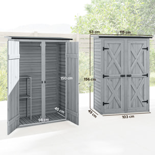 Caseta de Jardín de Madera 115x53x156 cm, Cobertizo Jardín Exterior, Armario Exterior para Herramientas con Puertas Dobles con Pestillo, 2 Estantes y Techo Inclinado, Resistente, Gris