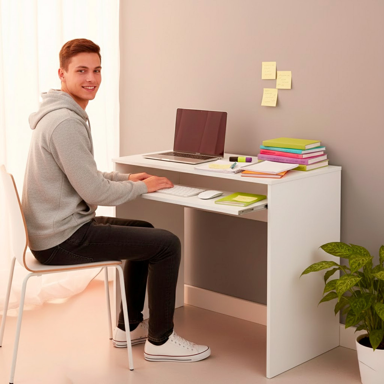 Scrivania Per Cameretta Postazione Desk PC Studio Ufficio Design Moderno Piano Scorrevole Piedini ABS Studio Compiti Lavoro 90x54x79 Cm Bianco Opaco