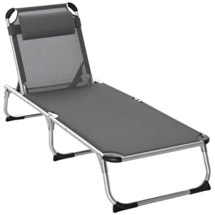 Tumbona Plegable Reclinable de Aluminio con Reposacabezas Extraá­ble y Respaldo Transpirable Ajustable en 4 Posiciones para Jardín Terraza Camping Exterior 165x60x76 cm Gris