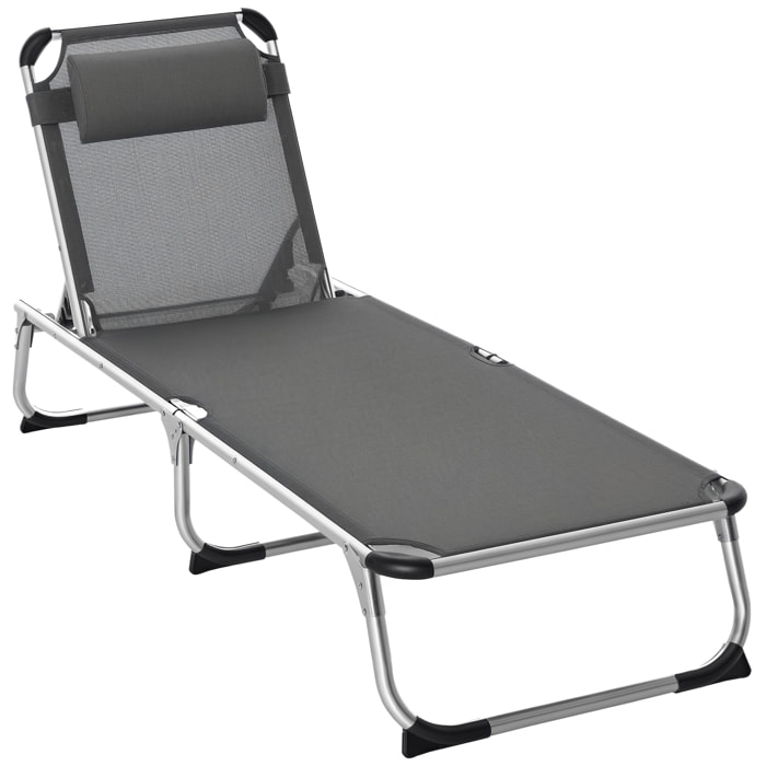 Tumbona Plegable Reclinable de Aluminio con Reposacabezas Extraá­ble y Respaldo Transpirable Ajustable en 4 Posiciones para Jardín Terraza Camping Exterior 165x60x76 cm Gris
