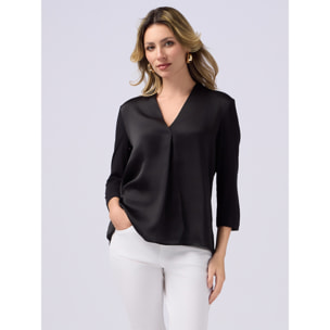 Oltre - T-shirt bimaterica con scollo a V - Nero