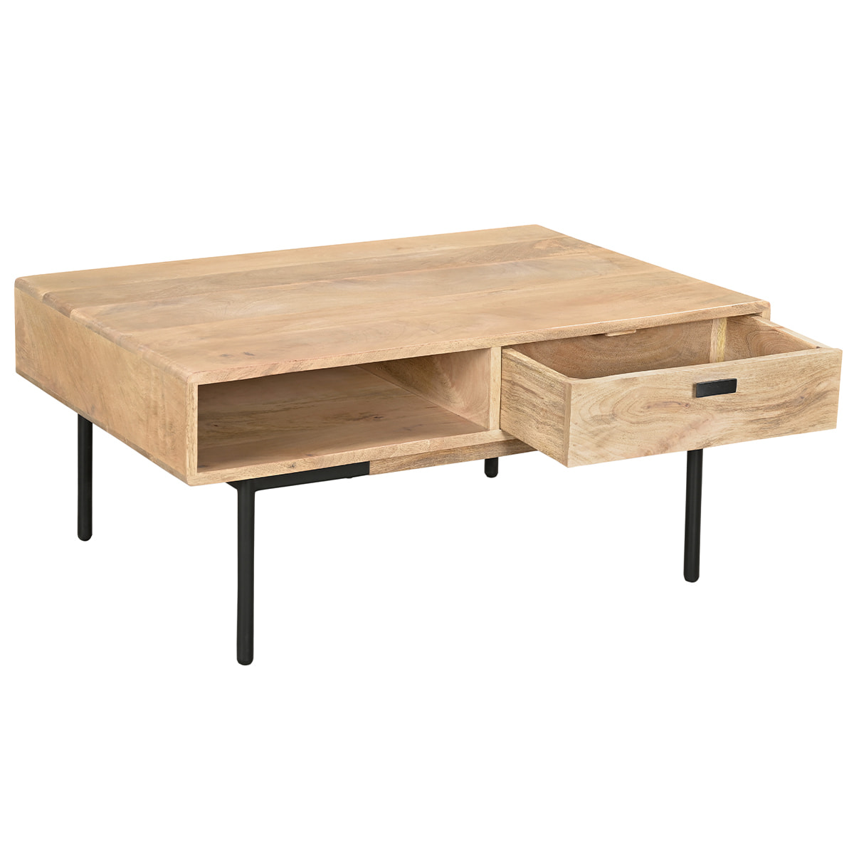 Table basse rectangulaire avec rangements 2 tiroirs en bois manguier massif et métal noir L100 cm JUDE