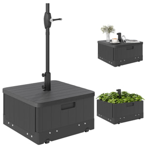 Base para Sombrilla Exterior 3 en 1, Mesa Auxiliar, Macetero con Orificio de Drenaje, Soporte de Parasol Rellenable Arena 80 kg con Ruedas y Asas para Sombrilla con Postes Ø38 y Ø48 mm, Negro