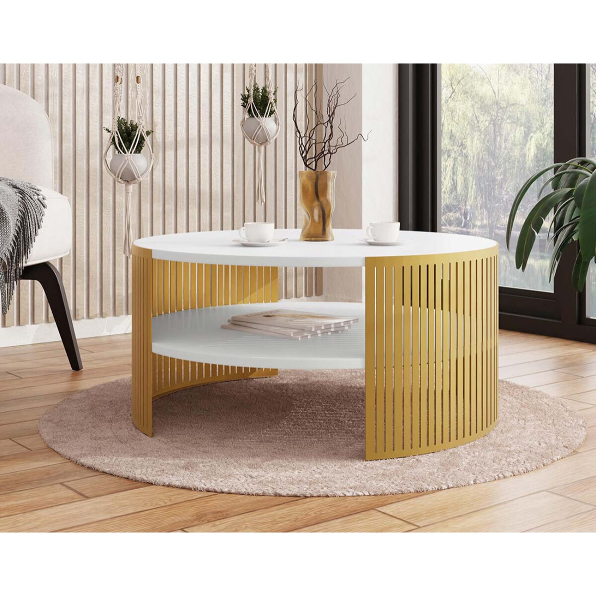 Cruz - table basse ronde - blanc et doré - 1 niche - 75 cm - Blanc / Doré