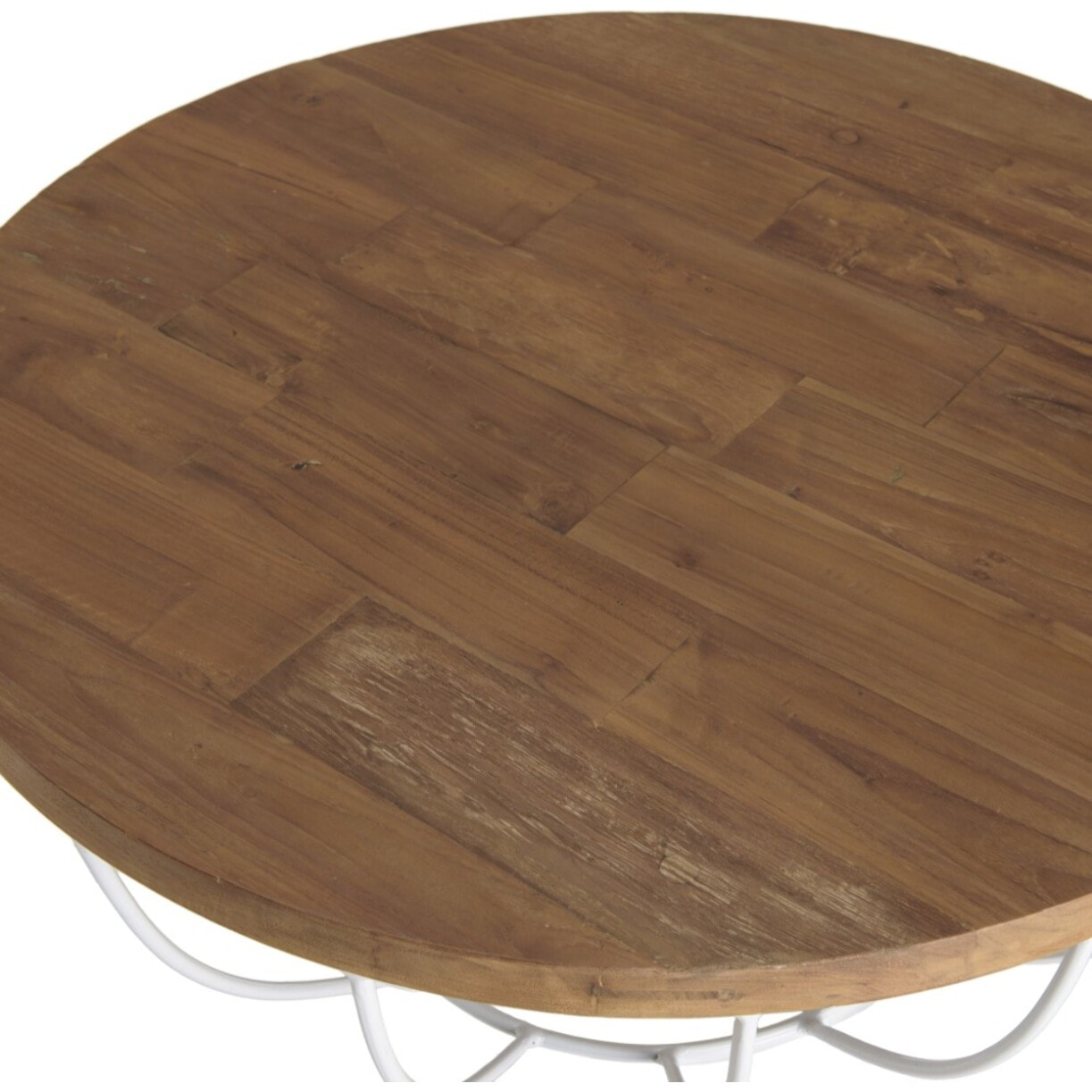 SIXTINE - Table basse coque ronde 80x80cm plateau teck recyclé piétement métal blanc