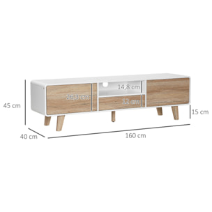 Meuble TV bas sur pied style scandinave 2 portes niche tiroir MDF blanc aspect chêne clair