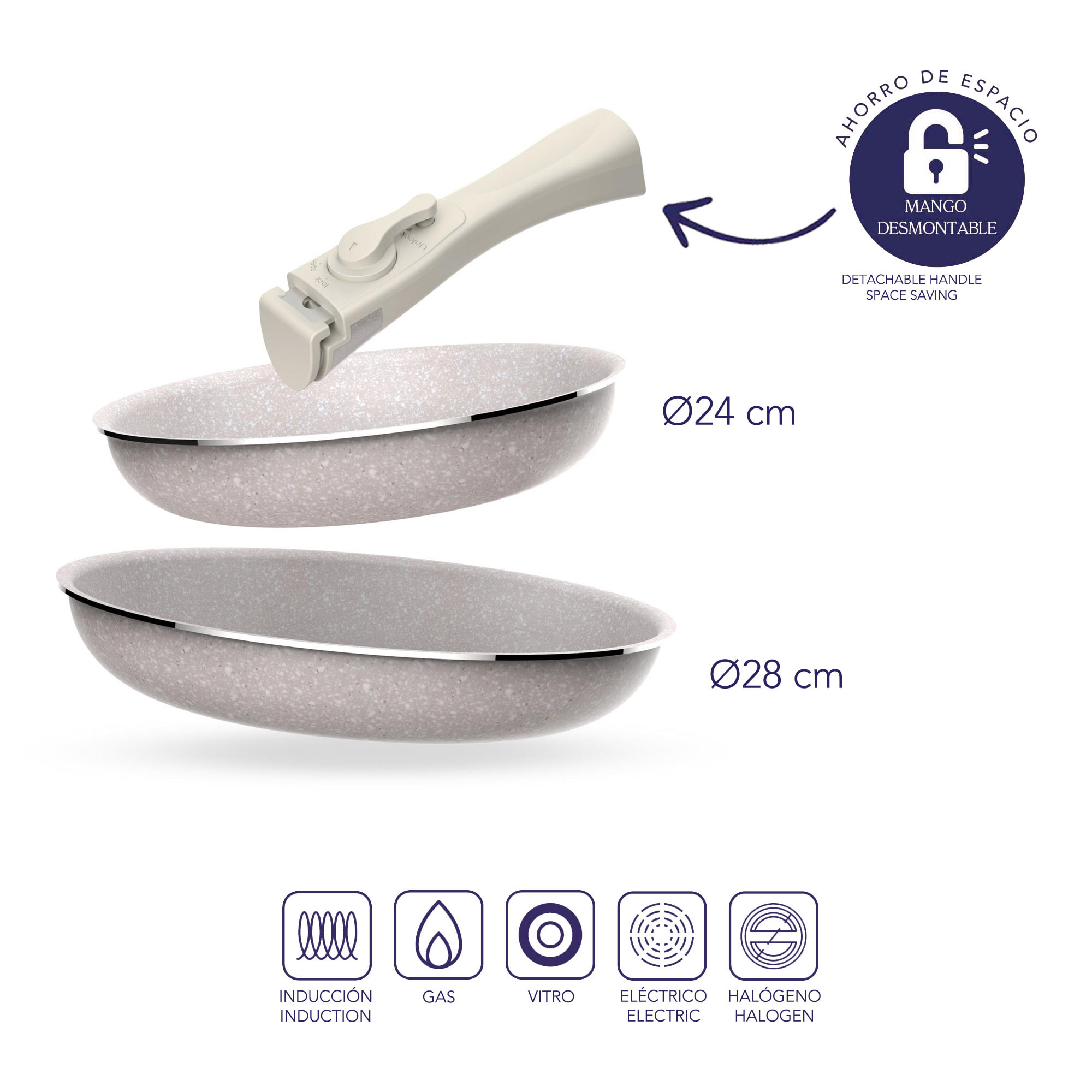 Juego de 5 pcs: 2 Sartenes Ø24Ø28cm y 3 Cacerolas Ø16Ø18Ø20cm en aluminio prensado con revestimiento ILAG con 2 mangos extraibles