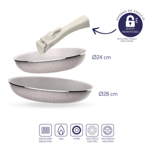 Juego de 5 pcs: 2 Sartenes Ø24Ø28cm y 3 Cacerolas Ø16Ø18Ø20cm en aluminio prensado con revestimiento ILAG con 2 mangos extraibles