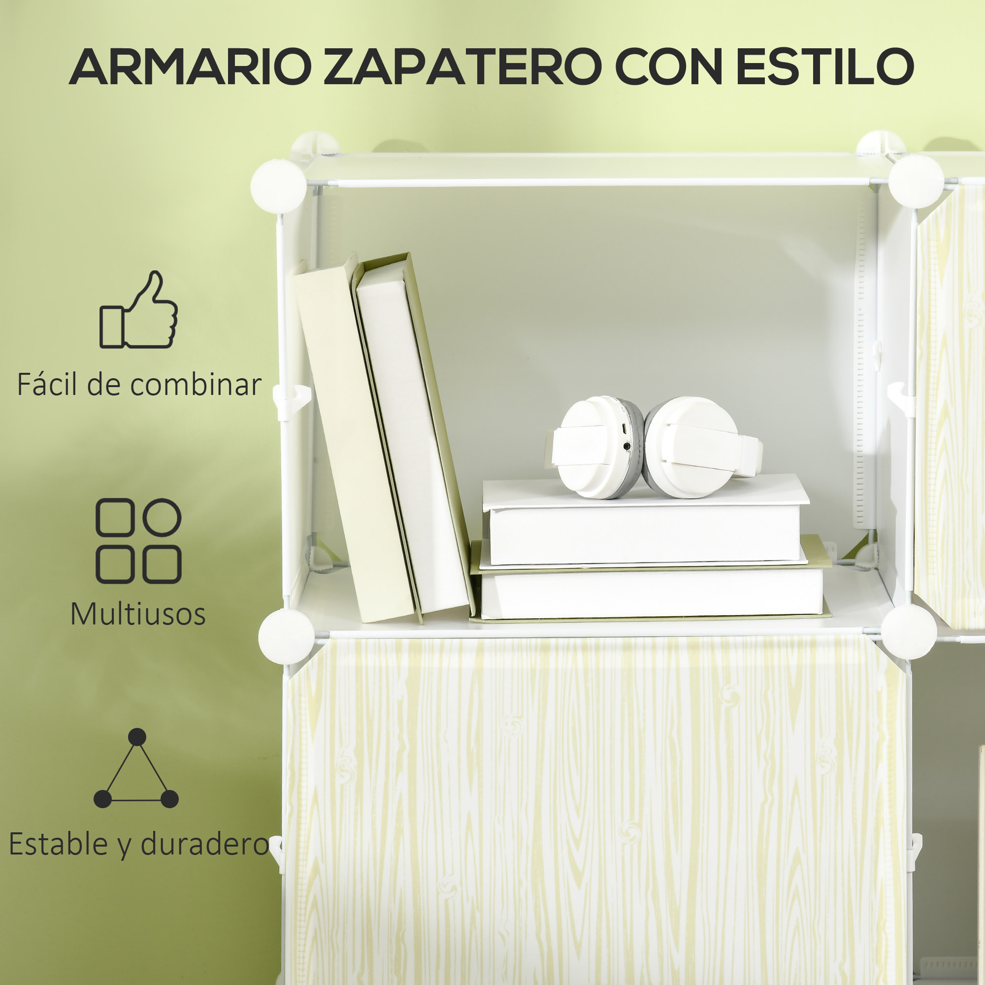 Armario Modular de Plástico Cajas de Zapatos con 12 Cubos Zapatero Organizador para Entrada Pasillo Dormitorio 125x32x125 cm Blanco y Natural