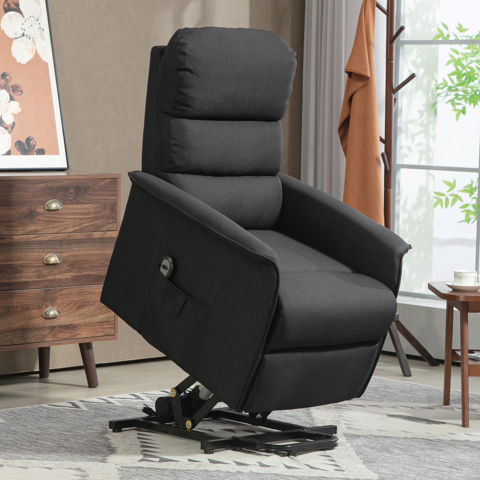 Sillón Relax Reclinable Eléctrico Levanta Personas, Sillón Elevador con Control Remoto, Reposapiés, Tapizado en Lino, Bolsillo Lateral, para Salón, Dormitorio, Negro