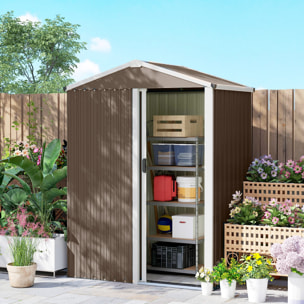 Caseta de Jardín Exterior 1,1 m², 136x87x179 cm, Cobertizo de Jardín Exterior Metálico con Puerta Corredera, Techo Inclinado y Guantes, para Almacenaje de Herramientas Bicicletas, Marrón