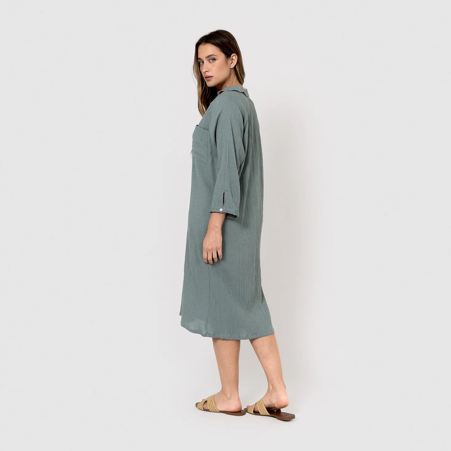 Vestido midi algodón lino verde azulado